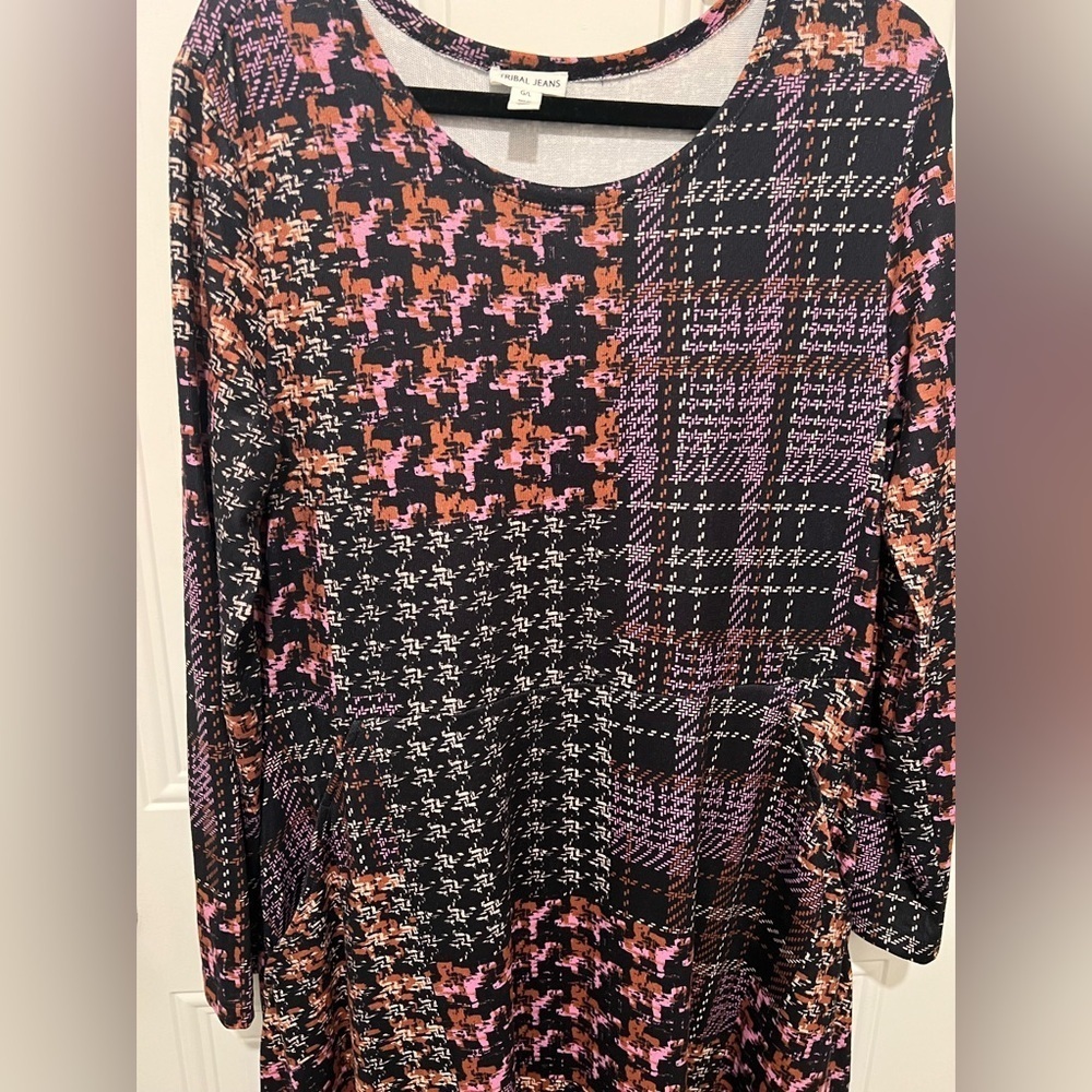 Tribal Jeans Gorgeous Plaid & Herringbone Patchwork Design Dress Size Large 💜🧡 - Picture 3 of 10